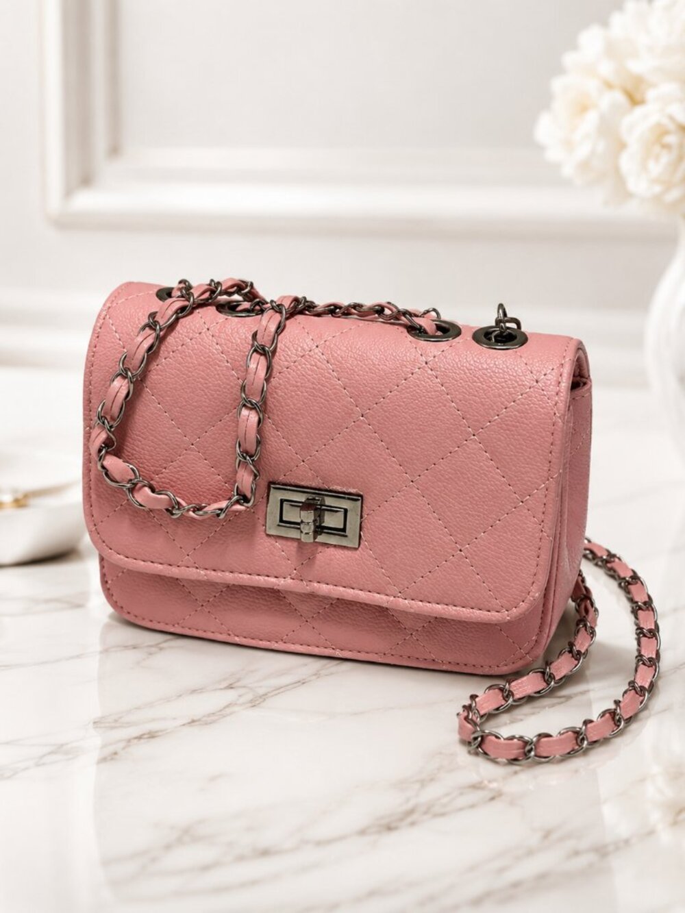 Blush Pink Quilted Chain Shoulder Bag Small Flap Crossbody Purse